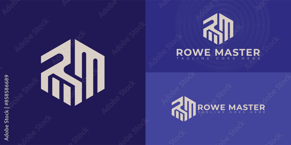 Aufkleber abstract initial hexagon letters rm or mr logo in gold color isolated on multiple background colors.