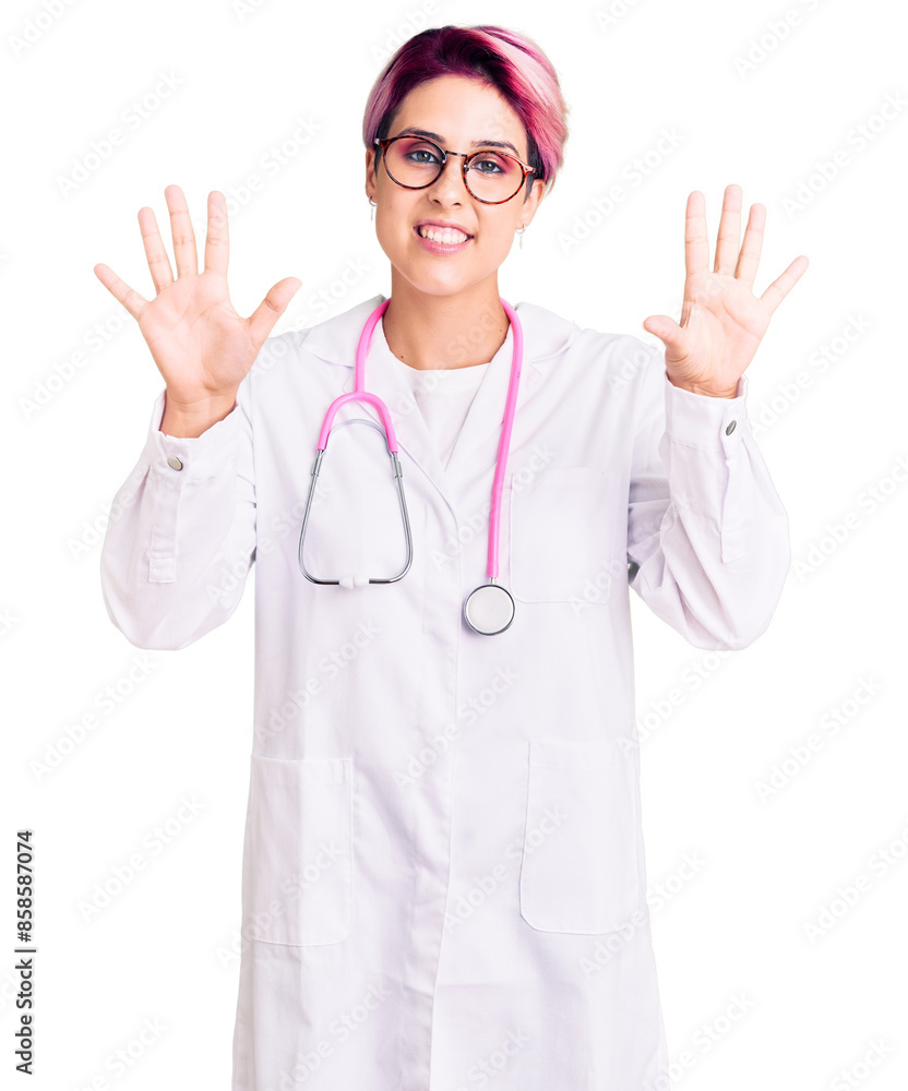 Sticker young beautiful woman with pink hair wearing doctor uniform showing and pointing up with fingers num