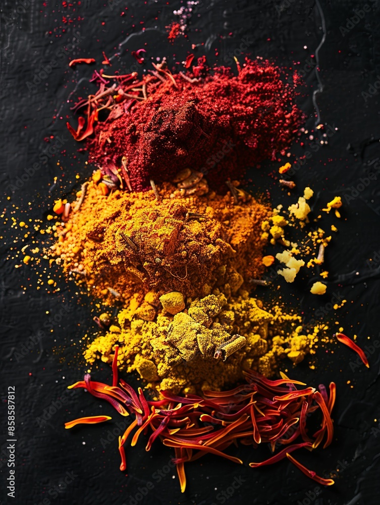 Aufkleber a close-up photo of various colorful spices arranged on a black background. the spices include saffr