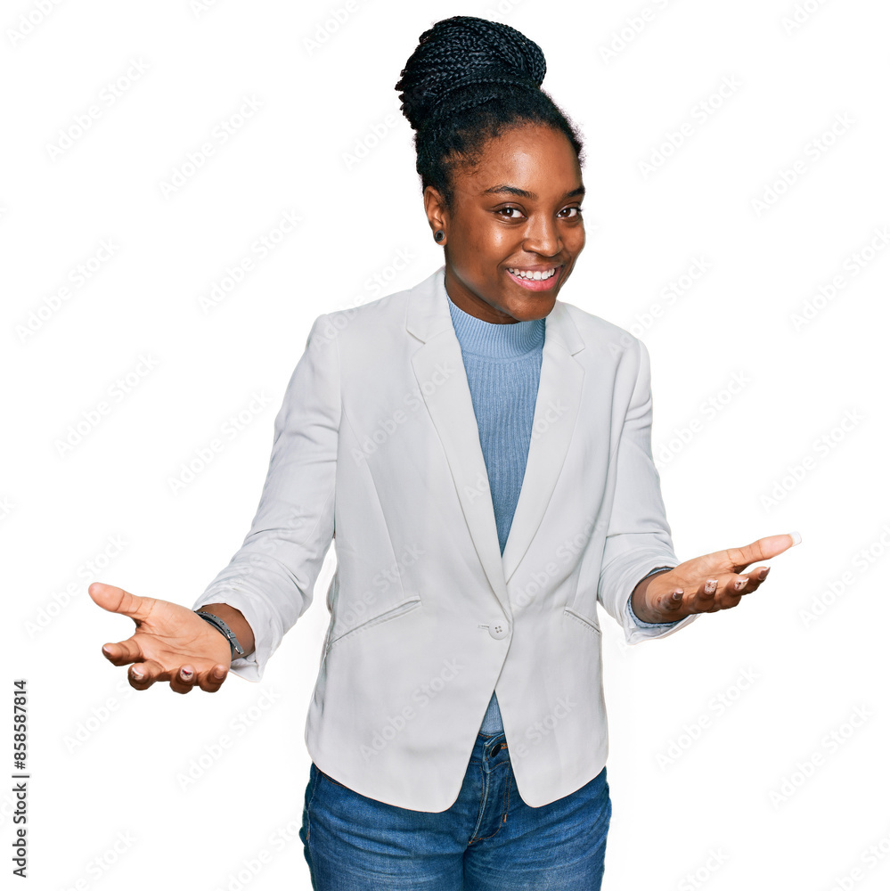 Sticker Young african american woman wearing business clothes smiling cheerful offering hands giving assistance and acceptance.