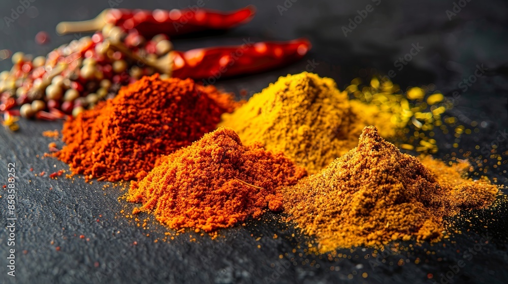 Aufkleber A close-up of various spices arranged on a black slate surface. Generative AI
