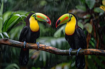 Two Colorful Toucans Perched on Branch in Rainforest