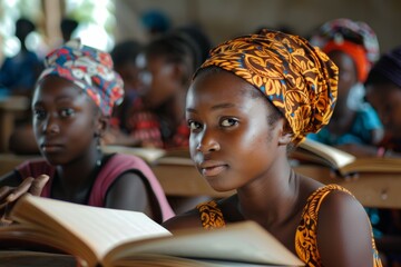 importance of education in fight for women's rights  african girls of different ages studying together in classroom or library, symbolizing access to education