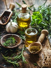 A close-up of a rustic wooden table with fresh herbs like rosemary, thyme, and oregano, a garlic clove, and two bottles of olive oil. Generative AI