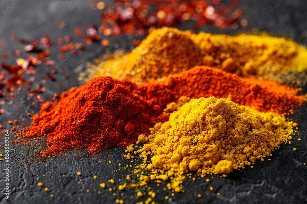 Poster a close-up image of various bright and colorful spices arranged on a black background. generative ai