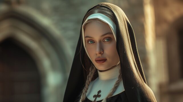 The young and beautiful blonde nun with blue eyes stands against the backdrop of a temple. AI generative.