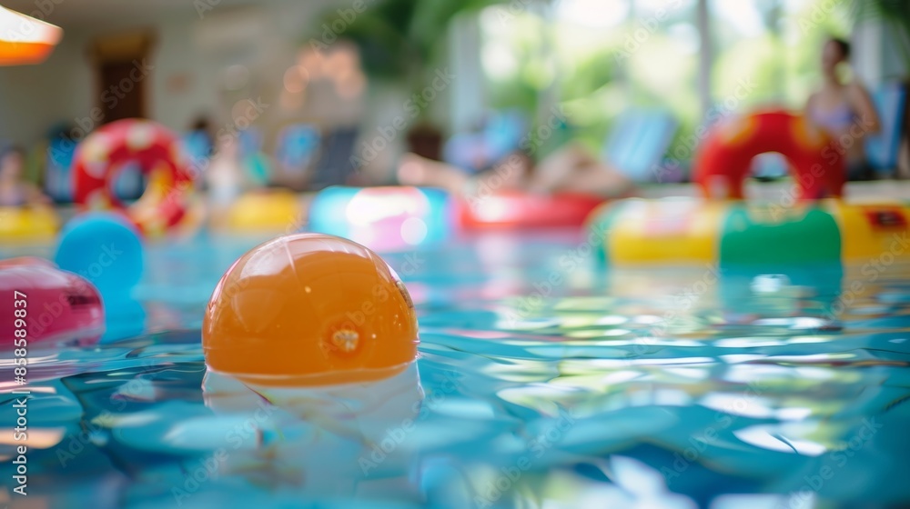 Poster unfocused image of a festive indoor pool party with floating toys and lively conversations in the ba