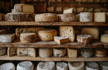 Assortment of Cheese Wheels on Wooden Shelves in a European Market