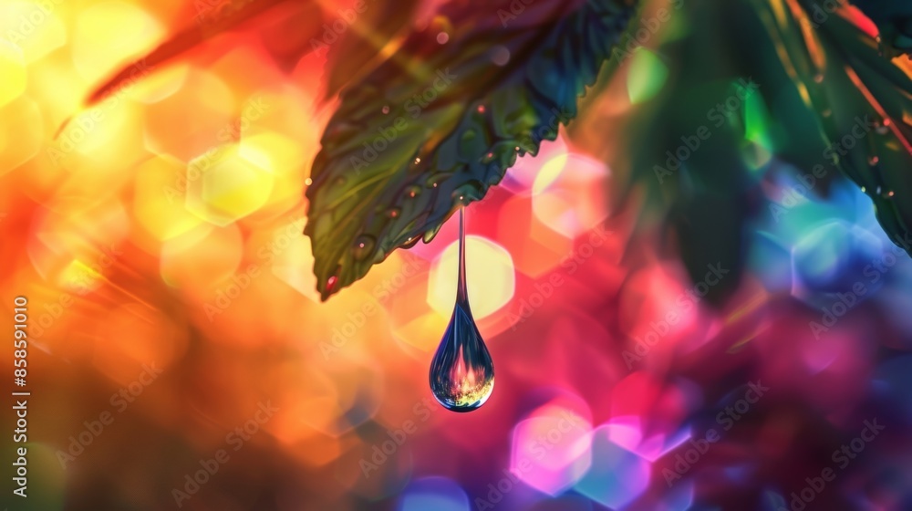 Poster a single dewdrop hanging from a leaf refracting light into a spectrum of colors capturing the simpli