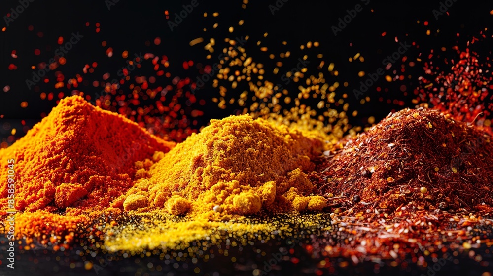 Poster a close-up shot of various spices arranged on a black background. generative ai