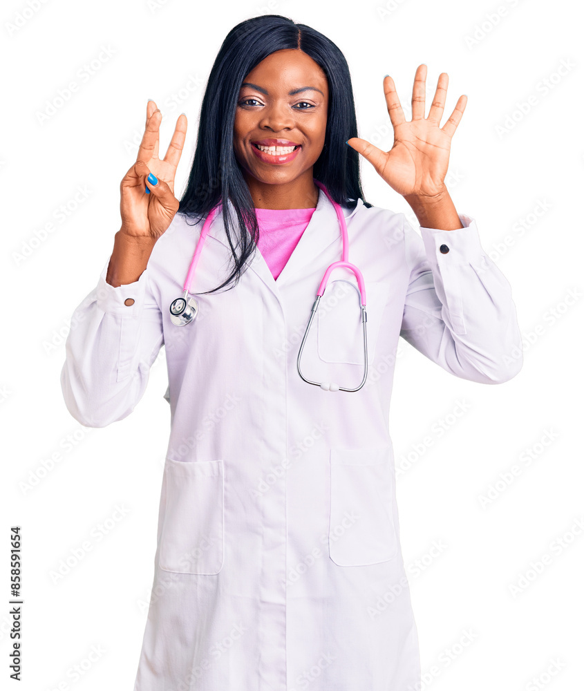 Canvas Prints Young african american woman wearing doctor stethoscope showing and pointing up with fingers number eight while smiling confident and happy.