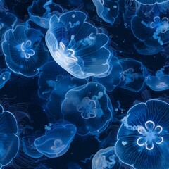 Seamless pattern of bioluminiscent blue jellyfish deep underwater