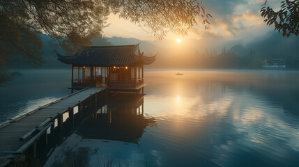 A wooden pier extends towards a small Chinese pavilion perched above a serene lake, with the morning sun peeking over mountains shrouded in thick fog in the distance.