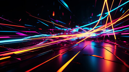 Design an abstract background filled with vibrant, electric light streaks in neon colors. The streaks should be dynamic and energetic, with varying thicknesses and lengths. Use strong, directional lig
