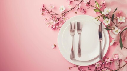Table setting with cutlery and flowers on pink background text space