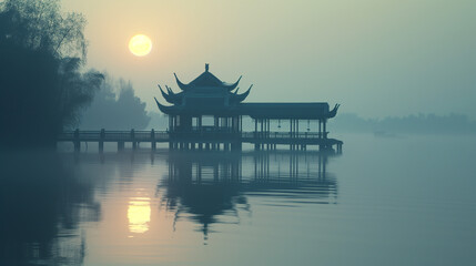 Fototapeta premium Thick fog obscured the morning sun as it shone on a small pagoda pavilion pier above a calm lake