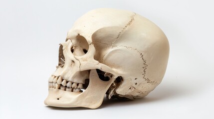 Side view of human skull on white background, anatomical study concept