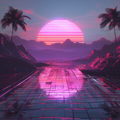 a picture that can be use as a web page header blade. It is an OpenGL rendering, in the style of the synthwave