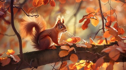 cute portrait with beautiful fluffy red squirrel sitting in autumn Park on a tree oak with bright Golden foliage. 
