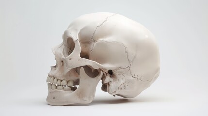Obraz premium Side view of a human skull on white background, anatomical study. Medical and scientific concept.