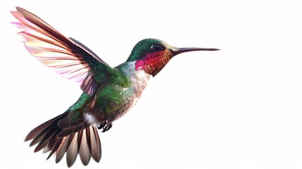 Hummingbird in flight against white background