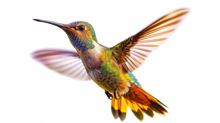 Fototapeta premium Hummingbird in mid-flight with vivid colorful plumage, white background. Wildlife and nature photography concept