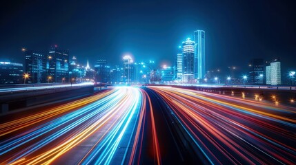 Fototapeta premium High speed urban traffic on a city highway during evening rush hour, car headlights and busy night transport, motion blur lighting effect, abstract long exposure photography