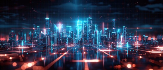 Fototapeta premium Futuristic cityscape with towering skyscrapers and glowing neon lights