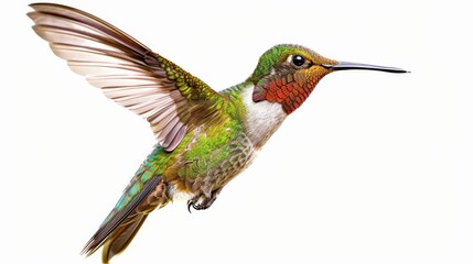 Hummingbird in flight on white background, colorful plumage. Nature and wildlife concept