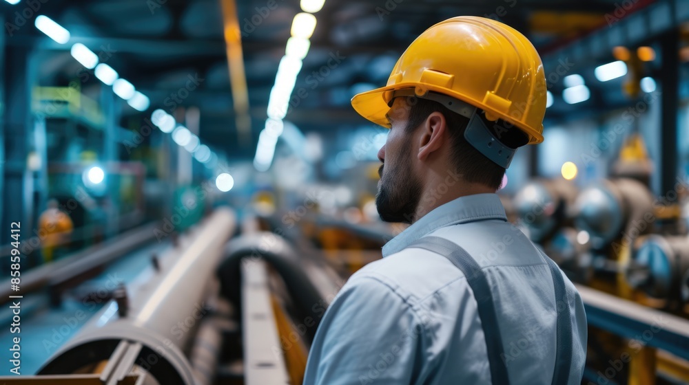 Poster smart civil engineer with safety helmet looking at production line while standing in front of factor
