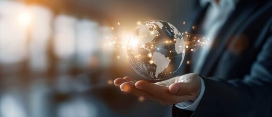 Corporate leader pointing to Asia on a globe, world in hand of finance, business strategy and global planning, detailed and bright
