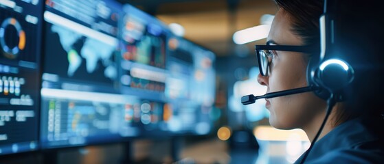 Customer service representative in a city office at night, tech support concept