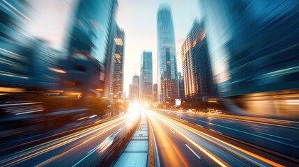 Fototapeta premium Business district skyline with busy traffic, car lights creating trails, evening rush hour, dynamic cityscape, high resolution and vibrant
