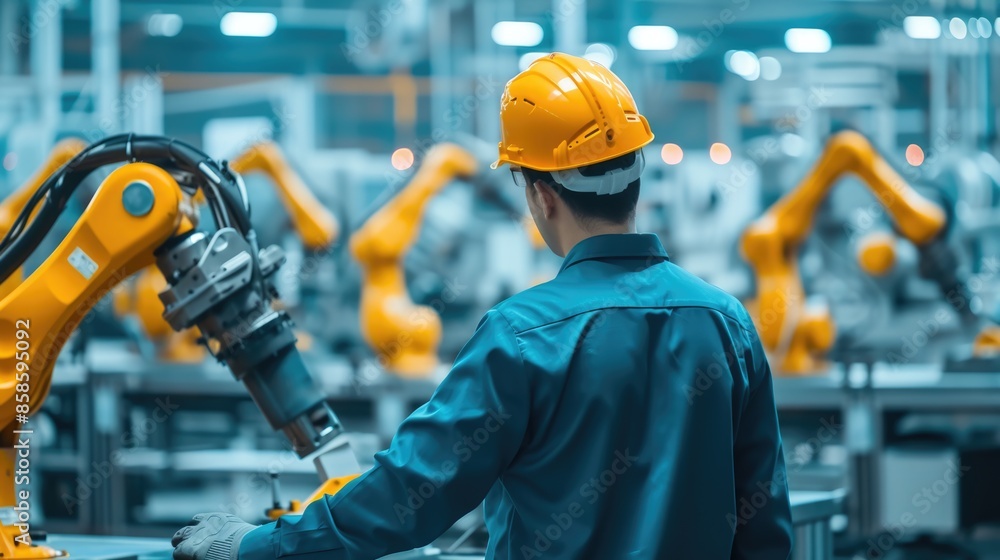 Poster an engineer attentively monitors automated robotic arms in a high-tech industrial setting, highlight