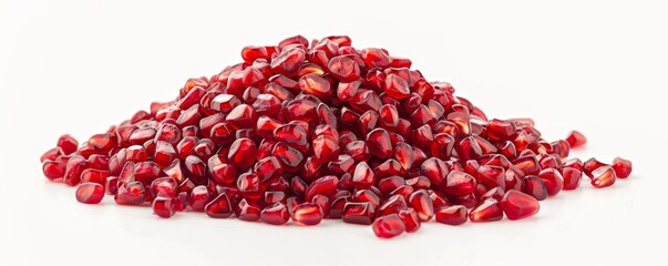 Pile of pomegranate seeds on white background, detailed close-up. Healthy food and nutrition concept