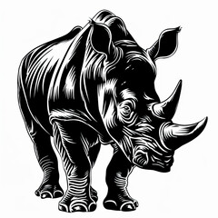 A black and white drawing of a rhinoceros on a white background