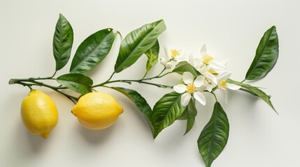 Lemon branch with leaves and flowers on white background
