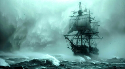 Fototapeta premium Green cast sailing ship on a stormy sea with clouds and large waves, nautical vessel dramatic weather, large masts sails dark eerie seascape