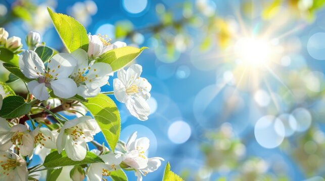 Close up of blooming white apple tree flowers and green leaves against a sunny blue sky with sun rays spring cherry blossoms with sun rays and space for text