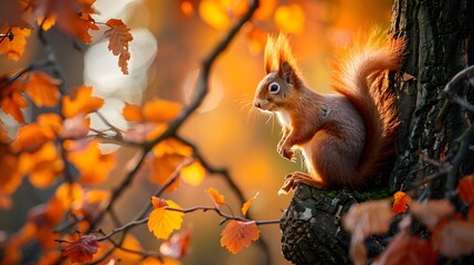 Obraz premium cute portrait with beautiful fluffy red squirrel sitting in autumn Park on a tree oak with bright Golden foliage. 