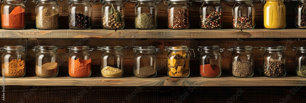 Poster A close-up of a wooden shelf neatly organized with glass jars filled with different spices. Generative AI