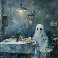 The vintage oil painting of a ghost sitting at a table with a pizza creates a playful and surreal scene.
