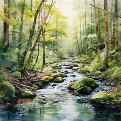 Serene forest stream with moss-covered rocks, surrounded by vibrant green trees and sunlight filtering through the canopy.