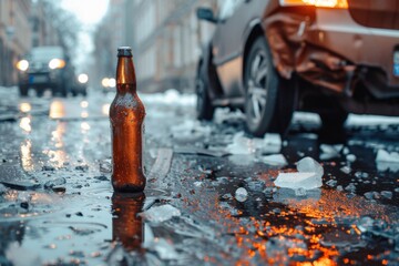 Close-up of beer bottle on road surface near a car – impaired driving – alcohol safety campaign