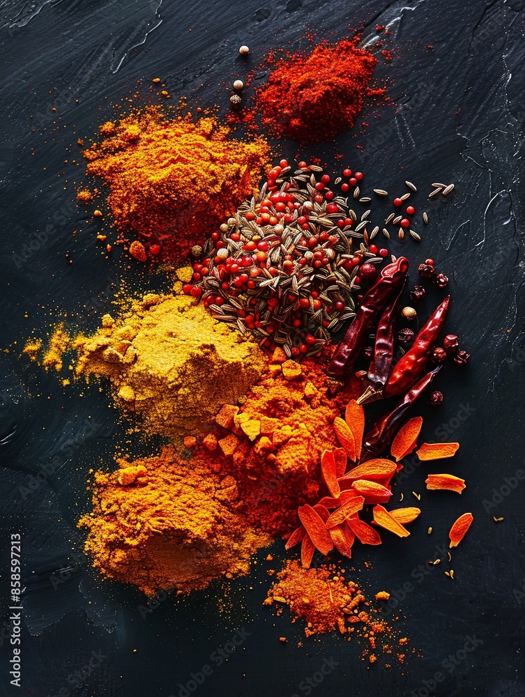 Poster An overhead shot of various spices on a black slate background. Generative AI