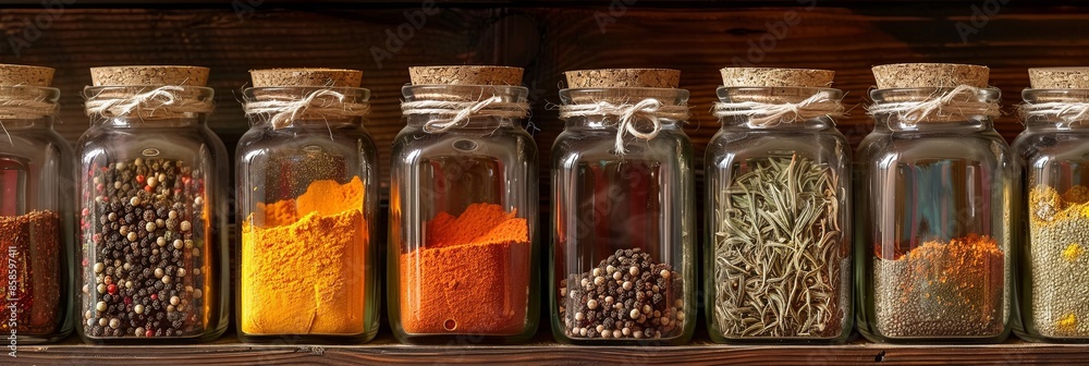 Poster A close-up image of various spices neatly arranged in glass jars on a wooden shelf. The jars are labeled with names like paprika, turmeric, cumin, and oregano. Generative AI