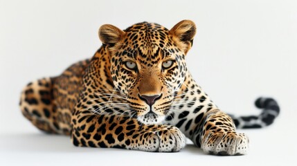 Obraz premium Leopard resting on a white background, close-up of fierce predator. Wildlife and nature concept