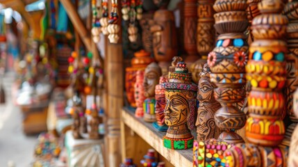 Colorful handmade handicrafts for sale with selective focus in souvenir market Wooden crafts displayed in Uttarakhand shop with space for text