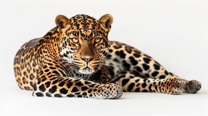 Fototapeta premium Leopard lying on white background, close-up. Wildlife and nature concept