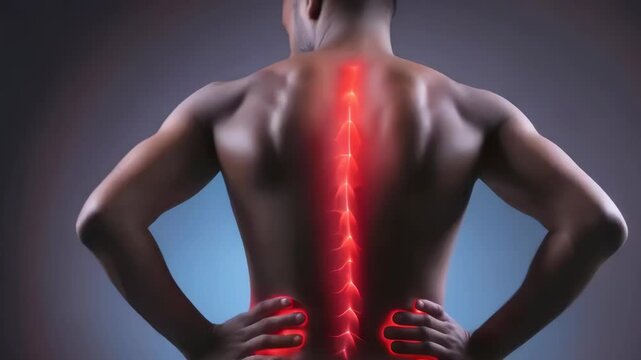 A young African American man holding his lower back, with a visual representation of spine pain highlighted in red. Image captures a medical context, possibly at night, showing muscle tension and
